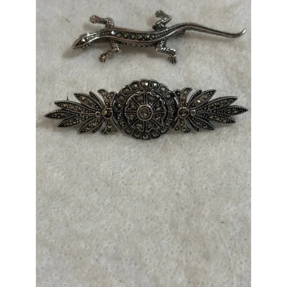 Vintage 925 Sterling Silver Marcasite 2 Brooch Pair Gecko Lizard Floral Bar Pins